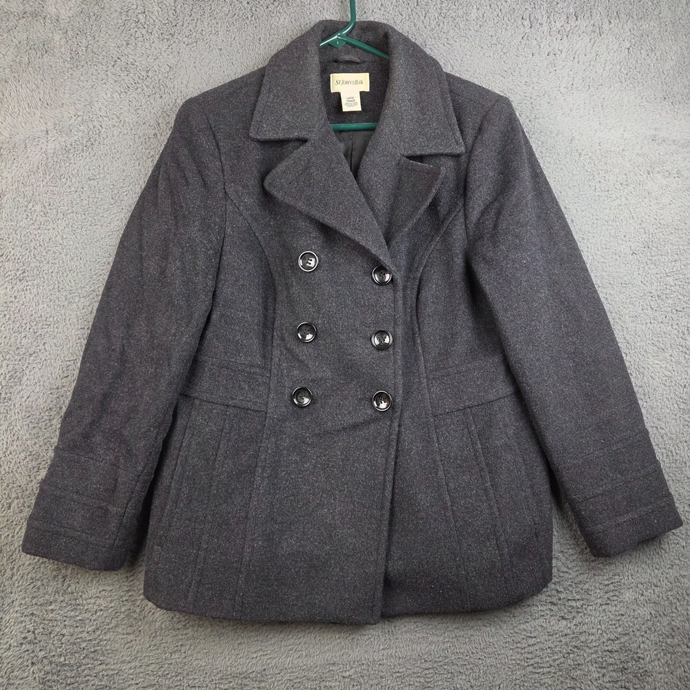 St John's Bay Pea Coat Womens Large Wool/Cashmere Blend Black Dark Gray Charcoal